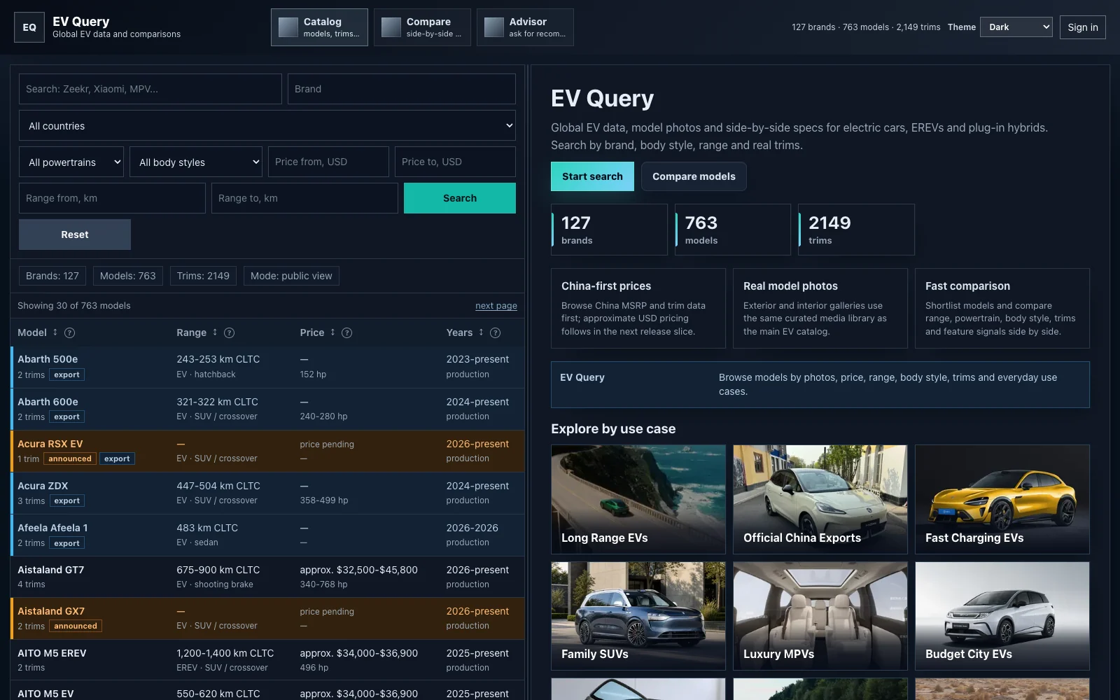 Каталог китайских электромобилей EVQuery